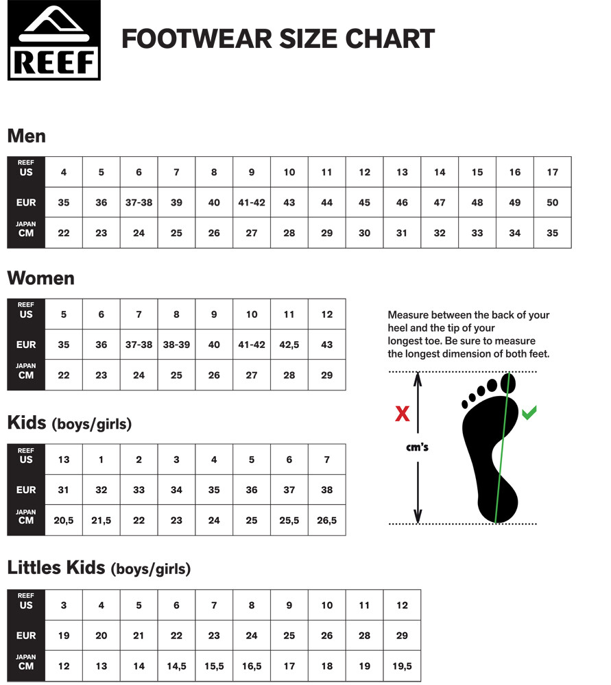 Reef kids size chart 2025